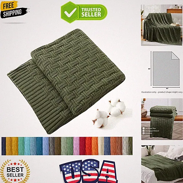 100% Cotton Knitted Throw Blanket in Green Forest - 60 x 80 Inches Cozy Elegance