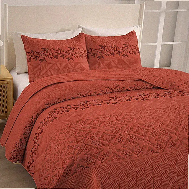 3-Piece Embroidered Quilt Set Elegant Bedspread with Textured Floral & Geometric