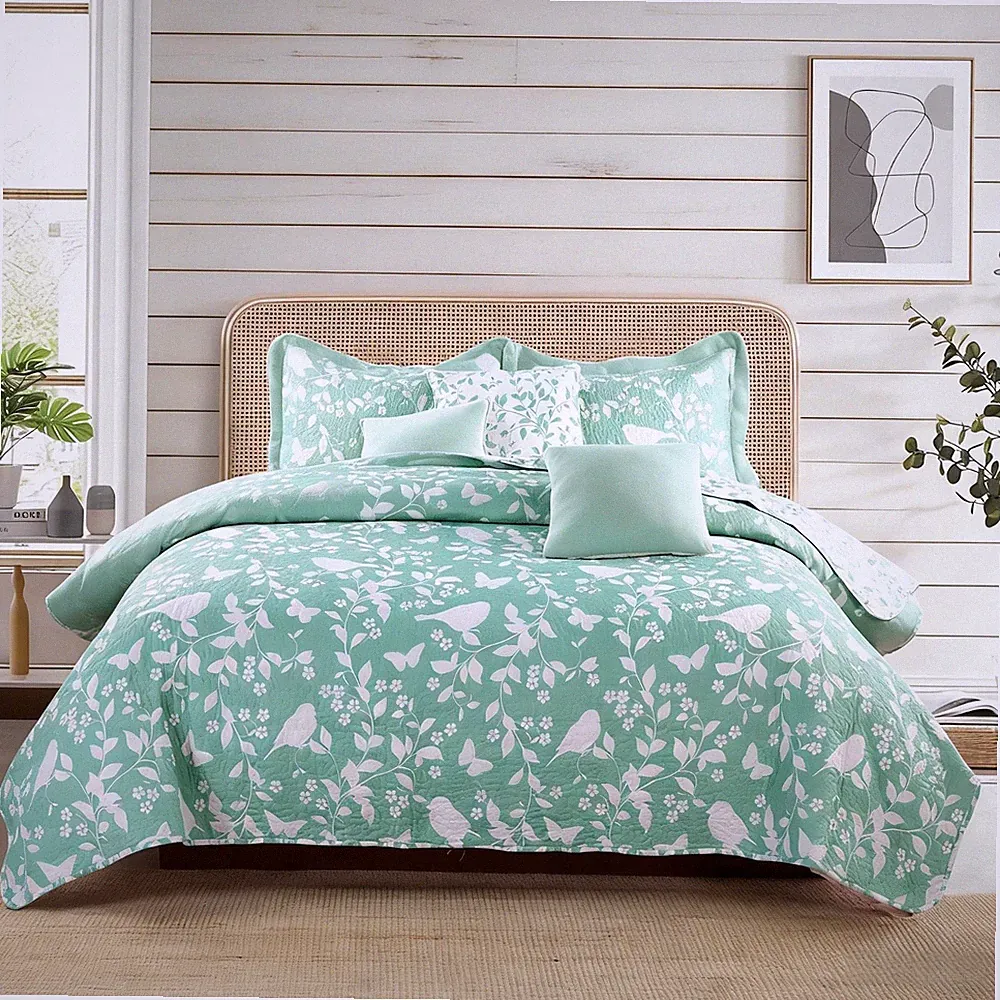 Birdsong 6PCS Reversible Bedspread Quilt Set Soft Elegant Bedding for King/Queen