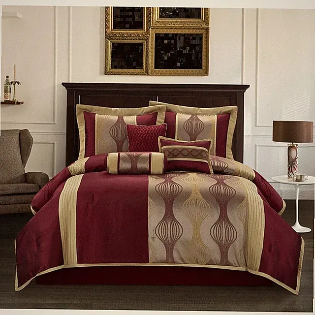 Burgundy Red Gold Geometric Stripe 7 pc Comforter Set Full Queen Cal King Bed
