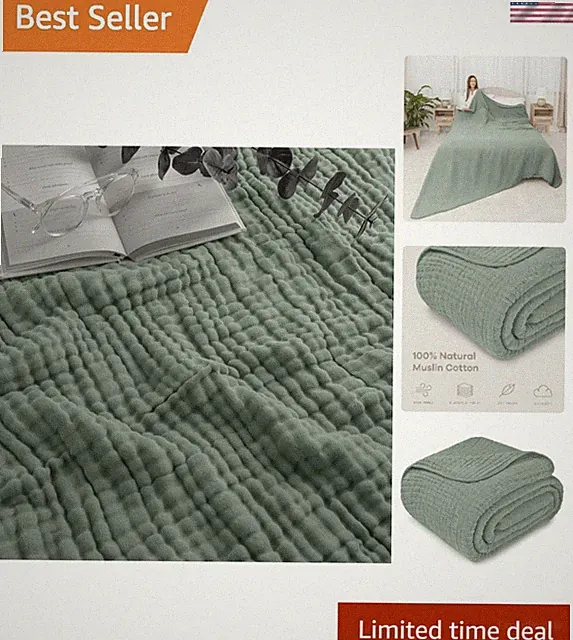 Elegant 6-Layer Muslin Adult Blanket - King 108" x 90" - Fern Color Comfort