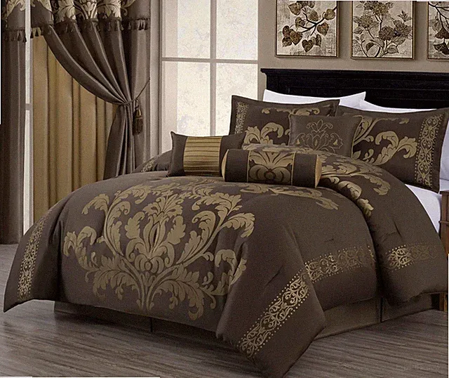 Elegant 7-Piece Queen Jacquard Floral Comforter Set in Coffee and Gold