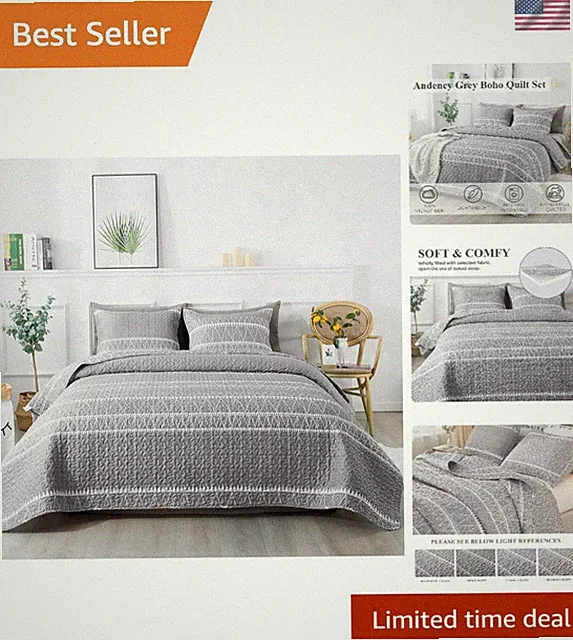 Elegant Grey Queen Quilt Set - 3 Piece Bohemian Microfiber Bedspread 90x96