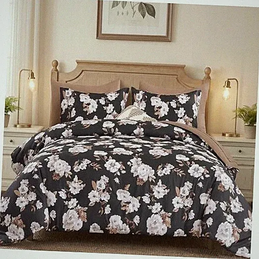 Floral Comforter Set,7 Piece Bedding with Sheet, Elegant Bed Queen Black Brown