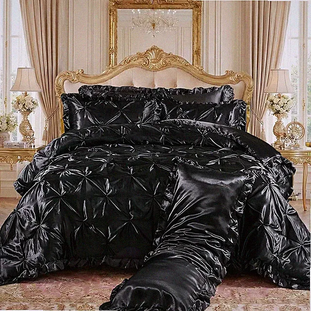 Luxury Black Satin Comforter Set with Ruffled Pillow Cover - Queen Size
