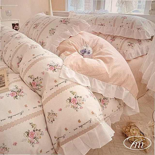 Ruffle Duvet Cover Queen with Elegant Pink Flower Printed Romantic Lace Comfo...