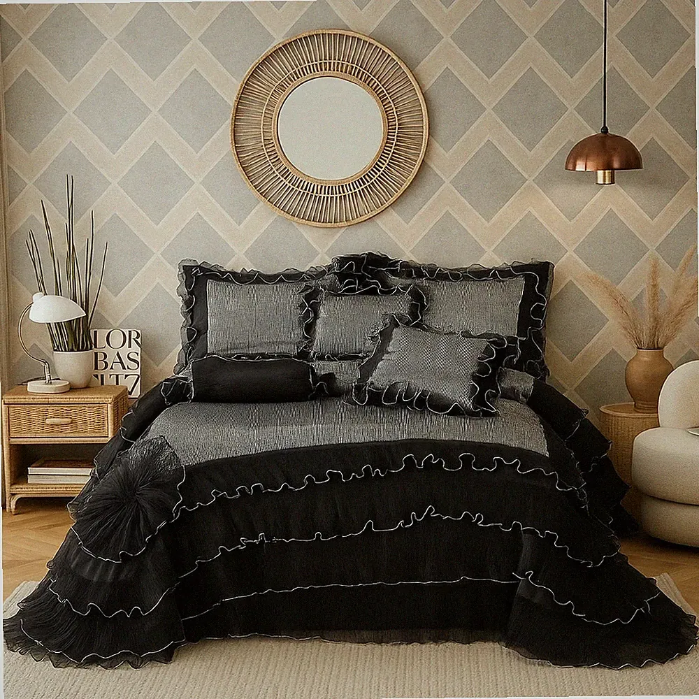 Tache Luxury Bedding Elegant Ruffled Floral Silver Sequin Black Comforter Set