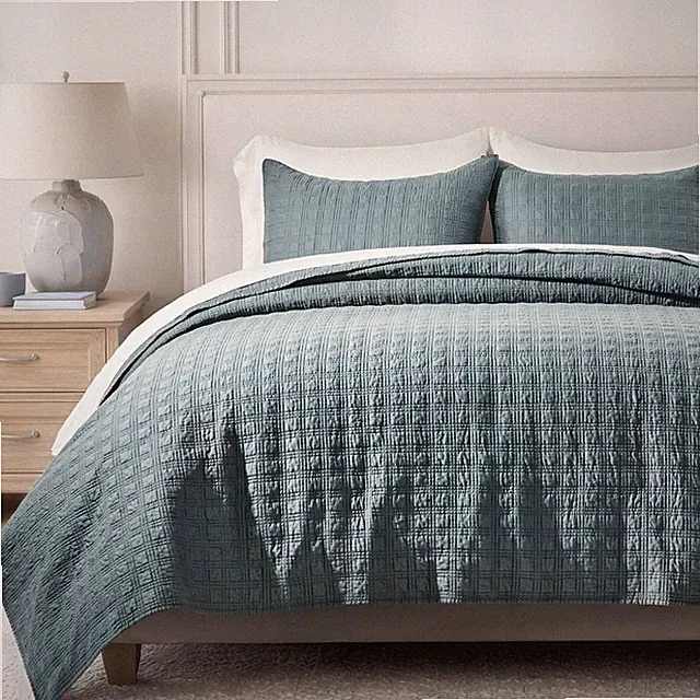 Windowpane Cotton Sateen Quilt Set Queen Size, Pre-Washed 100% Cotton Coverle...